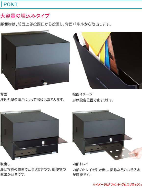 ヴァリオ ネオ 埋め込みタイプは郵便物は前面上部の投函口から郵便物を投函し、背面パネルより取り出します。