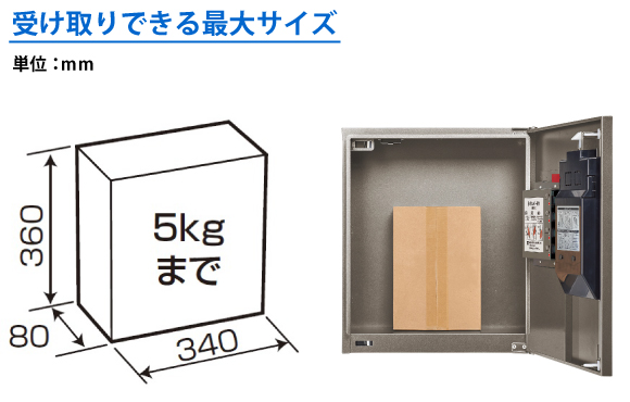 集合住宅用宅配ボックス　コンボメゾン　コンパクトタイプは重量約5KG、サイズ340×80×360（ｍｍ）の荷物を受け取り可能です。