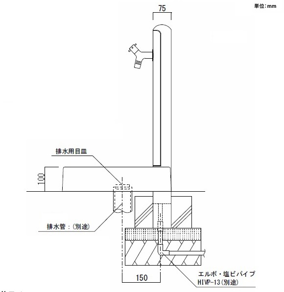 立水栓 トリムドット、ガーデンパン ガーデントリム2を設置した際の寸法図